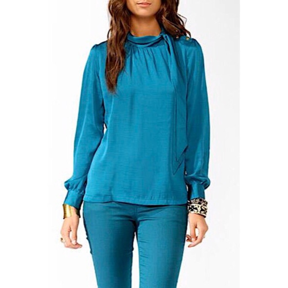 Teal blue side tie blouse gold buttons